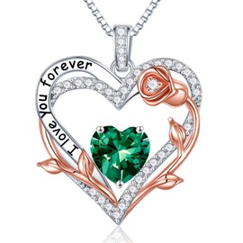 Iefil Jewelry for Women Necklaces, Rose Heart Birthstone Necklace Emerald Necklace May Birthstone Jewelry Valentines Day Gifts for Her Wife Girlfriend