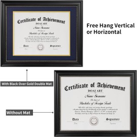 DOAI ART 8.5 x 11 Diploma Frame Classic Black Display 8.5x11-inch with Blue Over Gold Mat or 11x14 Document &Certificate Without Mat,Wide Molding, Gold Beads Hanging Hardware Included, Tabletop