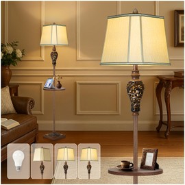 65" High Vintage Floor Lamp with Night Light and Metal Tray, Farmhouse Standing Lamp with Beige Faux Silk Shade, Retro Rustic Tall Lamp Decor for Living Room, Bedroom, Bedside, Corner (Bulb Included)