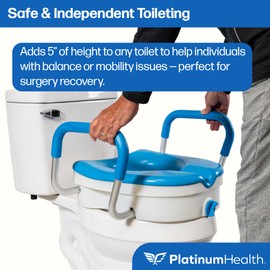 Platinum Health Soft-TOP 2.0 Deluxe Padded Raised Toilet Seat. Soft, Warm. Elevated Riser for Elongated/Round Toilets. Width Adjustable. Adds 5 Inches in Height for Safe Toileting. (with armrests)