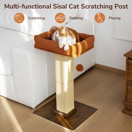 FUKUMARU Cat Scratching Post, Retro-Style Tall Scratch Posts with Perch for Infoor Cats Adults, Large Cat Scratcher Tower with Bed, Natural Sisal & Solid Wood