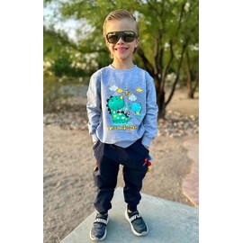 Toddler Boy Navy Long Sleeve Sweatshirt Sweatpants Outfit 5T Cartoon Dino Pullover Sweatsuit Navy Jogger Set 2 Pieces Fall Winter Outfits (Gray Mother&Son Dinosaur, 5T)