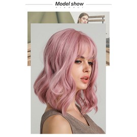 Veally Curly Bob Wig with Bangs Short Wavy Pink Wigs for Women Natural Looking Synthetic Heat Resistant Fiber Bob Wig for Daily Party Use (Pink)