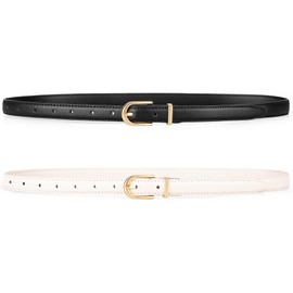Maikun 2 Pack Skinny Belt Women, Leather Waist Belt with Gold Alloy Buckle for Jeans Pants Dress, Creamy Black, Size M
