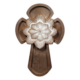 SOFE Rustic Decorative Crosses Wall Decor, Wash White Carving Flower Wooden Cross for Wall, Cross Wall Art Retro Small Wall Accents for Home Living Room, Cross Wall Hanging