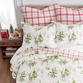 Levtex Home - Sleigh Bells Comforter Set - King Holiday Comforter 106x94 and Two King Pillow Cases 20x36 - Christmas Tree and Reindeer - White Green and Red - Cotton