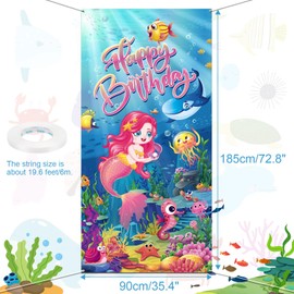 HOWAF Mermaid Happy Birthday Door Cover for Girls Birthday Party Decorations Supplies, Under the Sea Princess Themed Happy Birthday Door Banner, Ocean World Pink Door Banner for Girls Baby Shower Decor