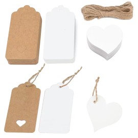 Tasnme 300PCS Kraft Paper Tags with Jute Twine, 100 White & 100 Brown Tags & 100 Heart Tags for Arts and Crafts Gifts Wedding Thanksgiving Christma ect