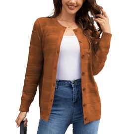 Bgklfeo Women's Lightweight Crew Neck Button Down Long Sleeve Cardigan Knit Open Front Sweater Caramel
