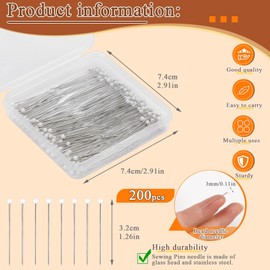 Doxiru 200 Pcs Pearl Pins, 32mm Pearl Pins for Flowers Long Straight Needles with Sharp Tips Sewing ppns with Plastic Box for Quilting, Jewelry Making