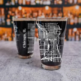 Blue Ridge Mountain Gifts - Chicago Pint Glass, 16oz Drinkware UV Printed in Black or White Ink, Illinois Keepsake with Chicago Map Design