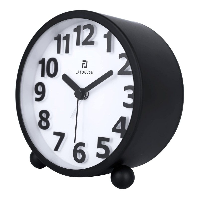 Lafocuse Analogue Alarm Clock, No Ticking, Metal Black 3D Numbers,