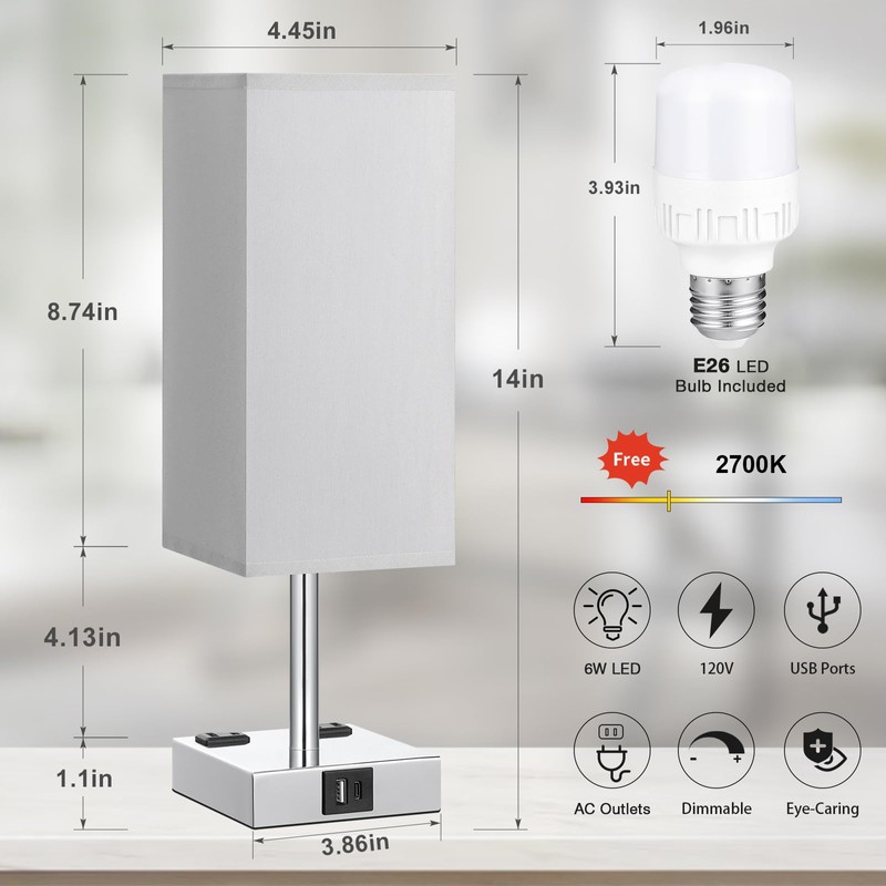 【Upgraded】Bedside Table Lamp Touch Control, with USB C+A Charging Ports