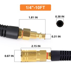 GASHER Black 1/4" x 10FT Reinforced Polyurethane Recoil Air Hose with Bend Restrictor, 1/4" Industrial Quick Coupler and Plug