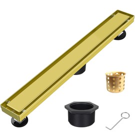 Linear Shower Drain Gold 16 Inch,304 Stainless Steel with Adjustable Leveling Feet, Hair Strainer,Reversely Install the Floor Drain Cover and Place the Ceramic Tiles to Create an Invisible Floor Drain
