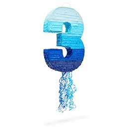 Number 3 Pull String Pinata for Boys 3rd Birthday Party, Ombre Blue (16.5 x 11.4 In)