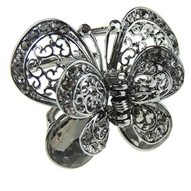 Women Girls Silver Metal Vintage Look Crystal Diamante Rhinestone Gems Bulldog Jaw Clip Octopus Short Small Hair Clamp Grip Bridal Wedding Party Styling Claw Butterfly Grey