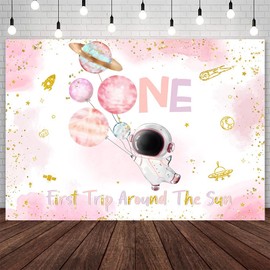 AIBIIN 7x5ft First Trip Around The Sun 1st Birthday Backdrop Birthday for Girl Pink Outer Space Photography Background Astronaut Galaxy Space Sun Planets Birthday Party Decorations Banner