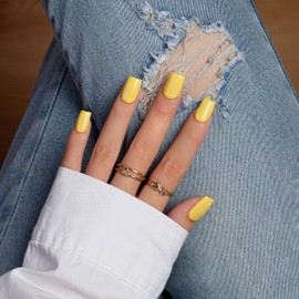KQueenest Press on Nails Kurz Mittel – Sheer Gelb Nägel zum Aufkleben mit Kleber, Einfarbig Eckig Fake Nails Yellow, Sarg Künstliche Nägel Set für Frauen & Mädchen, 28 Stück