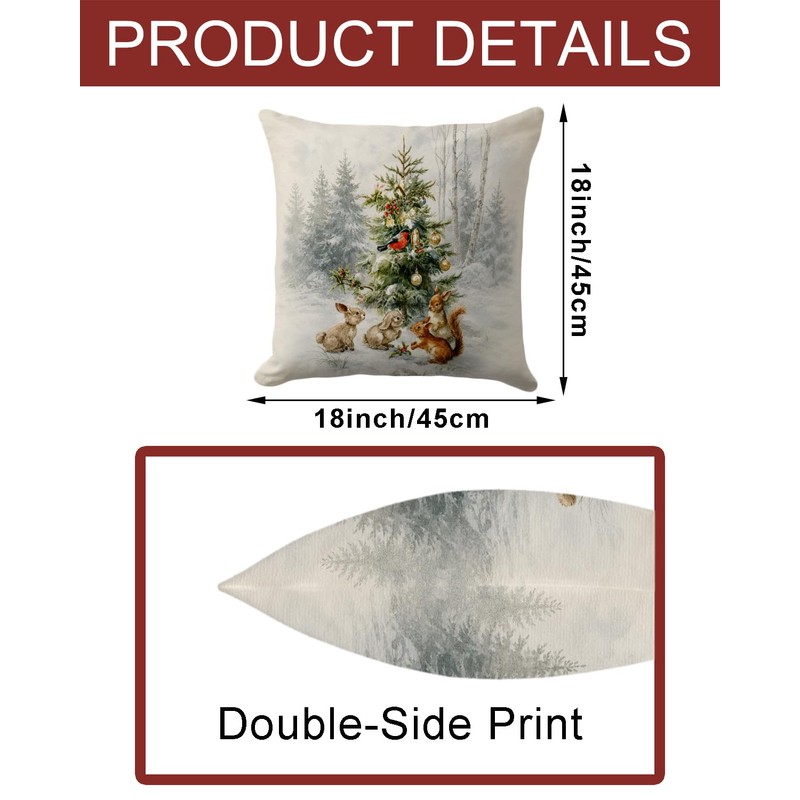 Woodland Animals Christmas Pillow Cover 18x18, Snowy Tree Decor