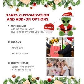 DolliBu Santa Alien Stuffed Animal Plush Toy - Super Soft Space Alien Dress Up with Red Santa Claus Outfit, Cute Space Gift, Holiday with Name Personalization - 11 Inches