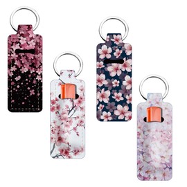 FREEBLOSS 4Pcs Chapstick Holder Keychain Cherry Blossoms Pattern Lip Balm Holder Keychains Lipstick Keychain Lip Balm Organizer Lipstick Storage Case for Women Gift 1.5x3.8''/3.8x9.6cm