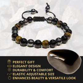 P&R:UK® Triple Protection Bracelet - Tiger's Eye, Black Obsidian, and Hematite Beaded Bracelet, Adjustable Macrame String, Unisex Healing Crystal Jewelry