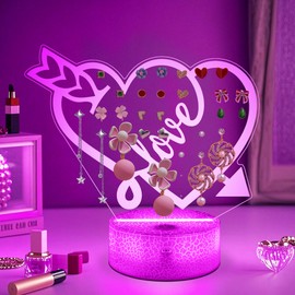 CoolGift Mart Romantic Love Arrow 3D Luminous Desktop Earring Organiser - 16-Colour LED Display with 34 Holes & Smart Mood Lighting with Timer