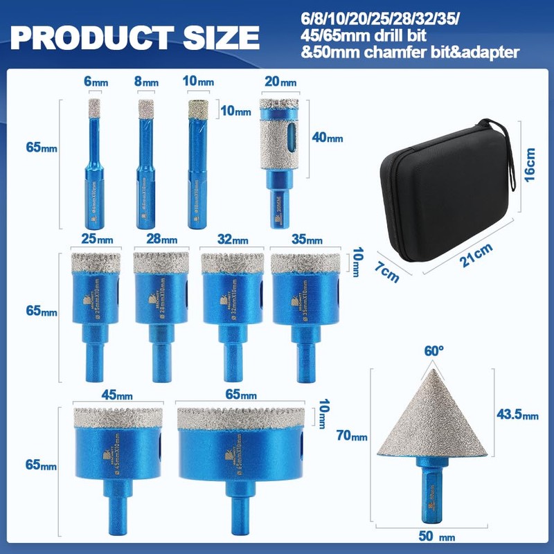 Tile Hole Saw Kit Diamond- BRSCHNITT 11pcs Diamond Core Drill