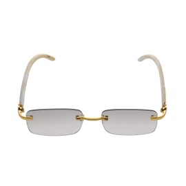 FLAWLESS EYEWEAR Retro Wood Buffs Vintage Style Gangster Rimless Clear Lens Rectangular Metal & Wood Eye Glasses (Cream-Gold/Tinted Clear Lens)