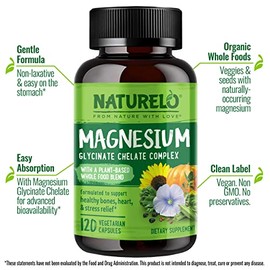 NATURELO Magnesium Glycinate Supplement - 200mg Glycinate Chelate with Organic Vegetables to Support Calmness, Muscle Cramps and Stress Relief - Glute