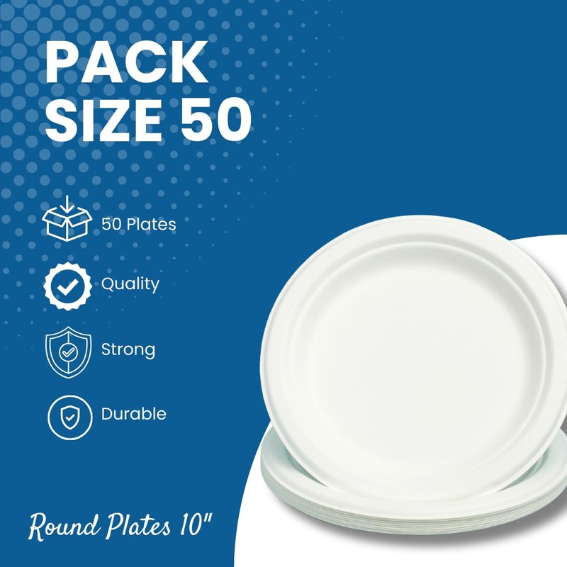 CafeTEq Bagasse Heavy-Duty White Round Plates Super Rigid Disposable Eco