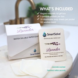 SmartSolve Lavender Scented Soap Sheets (Pack of 5, 50 sheets) - Eco-Friendly, Water-Soluble, Biodegradable, TSA-Friendly Travel Pocket Hand Wash | Cruelty-Free, Alcohol-Free, Gentle on Skin,