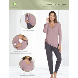 BambooBud Pajama Sets for Women Long Sleeve Sleepwear Maternity Nursing Lounge Set Breastfeeding 2 Piece Pjs S-XXL, Purplish Grey+Iron Grey, X-Large