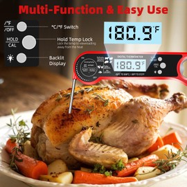 BEE&FLOWER Digital Meat Thermometer Instant Read,Candy Thermometer with LCD Backlight,Food Thermometer for Cooking, Foldable Probe Meat Thermometer Digital for Grilling Baking Frying (Red)