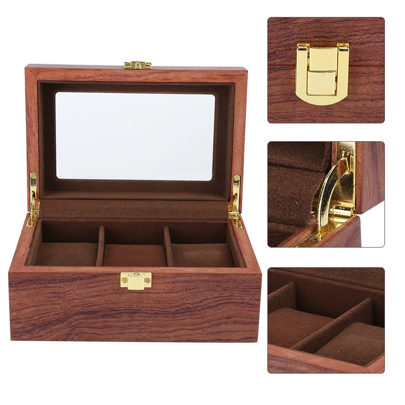 Wooden 3 Grid Watch Display Box Transparent Window Anti‑Slip Watch