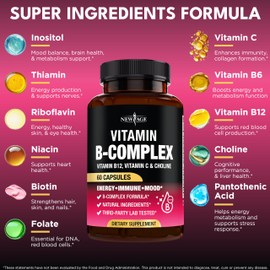 Vitamin B Complex for Men & Women - Made in USA - B-Complex: B1, B2, B3, B5, B6, B7, B8, B9, B12 with Vitamin C, Choline, Inositol - Energy, Brain & Heart Support Supplement - 180 Vegan Capsules