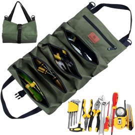 MZSX Tool Roll Bag, Wrench Organizer & Tool Pouch, Canvas Tool Bag, Multi-Purpose Tools Box Organiser with 5 Zip Pockets, Ideal for Plumbers, Craftsmen and Electricians (Green)