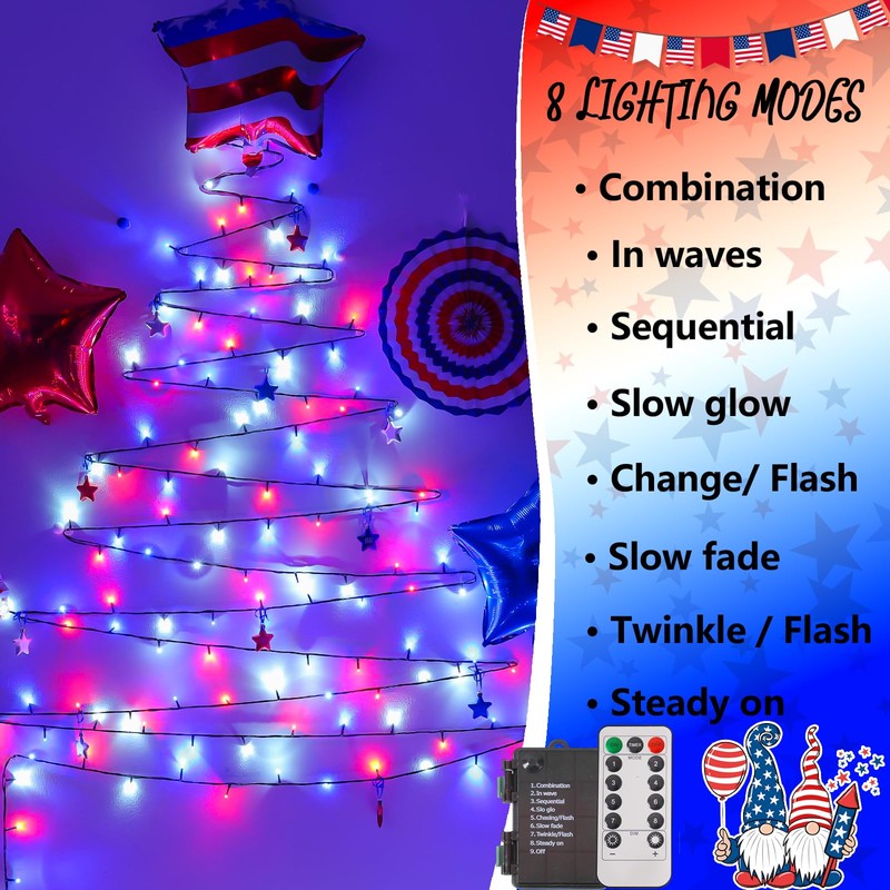 YEGUO Red White Blue Lights, 33ft 100 LED String Lights