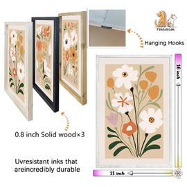 Boho Flowers Plant Wall Art Sign Set of 3 16"x11" Mid Century Modern Minimalist Wooden Framed Abstract Botanical Flower for Vintage Living Room Offic Bedroom Wall Hanging Decoration (White)