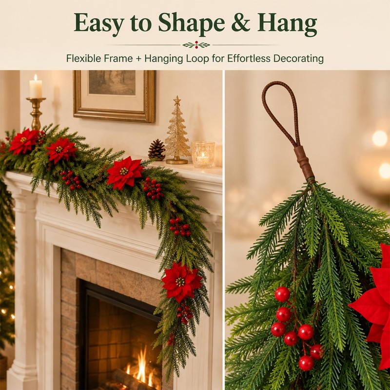9 FT Artificial Christmas Garland, Faux Pine Greenery for Mantel