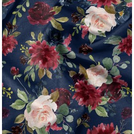 Soimoi Blue Japan Crepe Satin Fabric Leaves & Peony Floral Print Fabric by the metre 42 Inch Wide