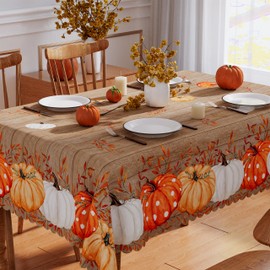 Fall Tablecloth 60x120 Inch Rectangle, Wood Leaves Pumpkin Decorations Seasonal Autumn Thanksgiving Scalloped Edge Waterproof Table Cover Home Party Decor