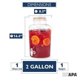 Ilyapa 2 Gallon Glass Beverage Dispenser - Wide Mouth Mason Jar Drink Dispenser - 100% Leak Proof with Glass Flip Top Lid, Dispenser for Parties, Weddings, Lemonade, Cold Water
