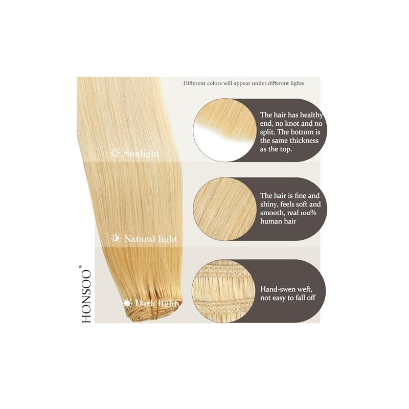 Honsoo Extensiones de cabello humano real con clip, rubio decolorado,