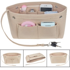 JSY-UP Felt Handbag Organiser Insert, Bag in Bag Organiser Insert, Women Tote Purse Organiser with Handles Keychain, Beige/Small