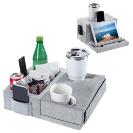 Luxspire Couch Cup Holder, Couch Caddy with 8 Holes and Side Pocket, Couch Cup Holder Tray for iPad/Drinks/Remote Control/Snacks Holder, Gray