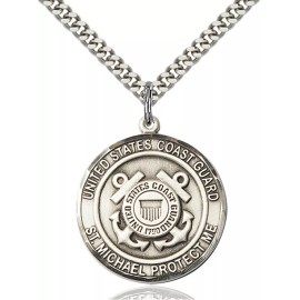 Bliss Sterling Silver Stamped St Michael Coast Guard Protect Me Medal Necklace 24"