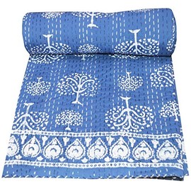 YUVANCRAFTS Indian Handmade Cotton Kantha Quilt Traditional Indigo Print Twin Quilt Blanket Bedspreads Throw (Blue)