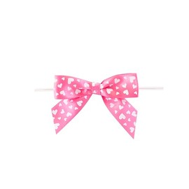 Reliant Ribbon Hearts Satin Loops X 3-1/4in Span, 2 Tails X 2in X 7/8in Ribbon Width & 5in Twist Tie Bows, Hot Pink/White